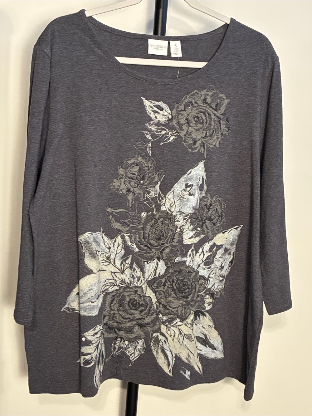 New! Chico's Winter Roses Gray Floral 3/4 Long-Sleeve Tunic Tee Size 3 / XL NWT